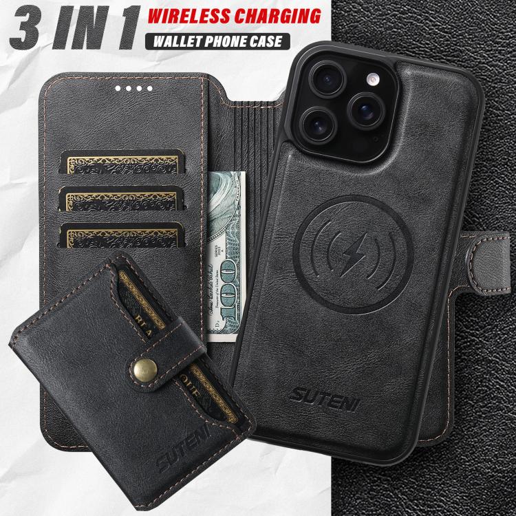 For iPhone 16 Pro Max Suteni Q05S1 3-in-1 Detachable Wallet MagSafe Leather Phone Case(Black) by Suteni
