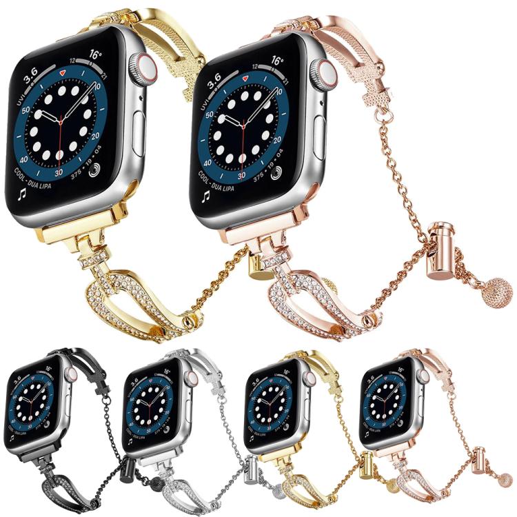 For Apple Watch 46mm / 49mm / 45mm / 44mm U-Shaped Diamond Bracelet Zinc Alloy Watch Band(Black) by bashfashion
