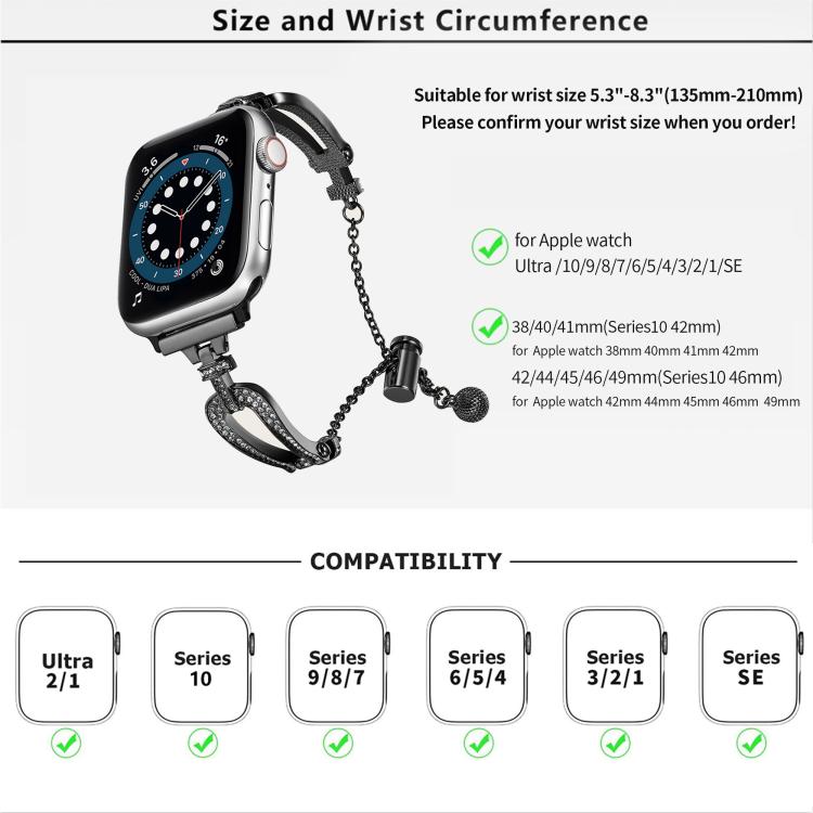 For Apple Watch 46mm / 49mm / 45mm / 44mm U-Shaped Diamond Bracelet Zinc Alloy Watch Band(Black) by bashfashion