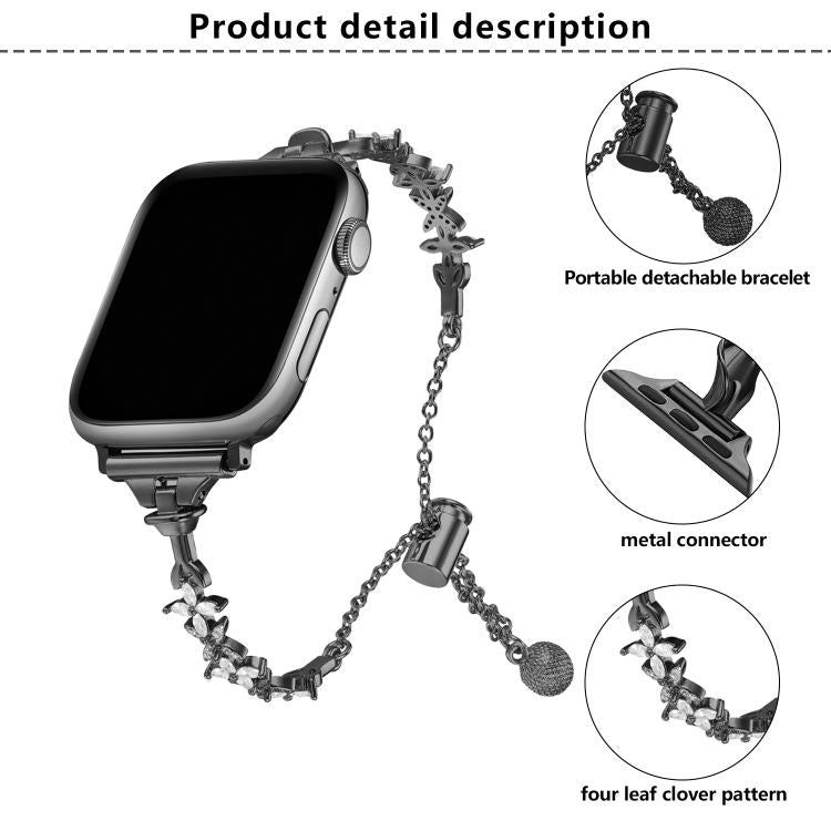 For Apple Watch 46mm / 49mm / 45mm / 44mm Four Leaf Clover Diamond Zinc Alloy Watch Band(Black) by bashfashion