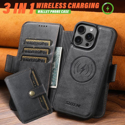 For iPhone 16 Pro Suteni Q06S1 3-in-1 Splicing Detachable Wallet MagSafe Leather Phone Case(Black) by Suteni