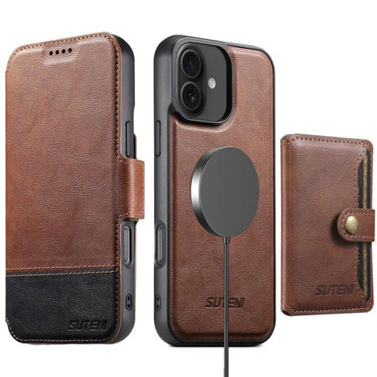 For iPhone 16 Plus Suteni Q06S1 3-in-1 Splicing Detachable Wallet MagSafe Leather Phone Case(Brown) by Suteni