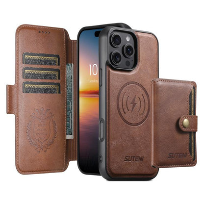 For iPhone 16 Plus Suteni Q06S1 3-in-1 Splicing Detachable Wallet MagSafe Leather Phone Case(Brown) by Suteni