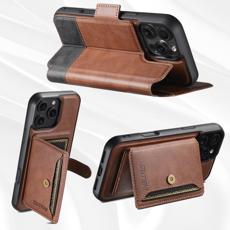 For iPhone 16 Plus Suteni Q06S1 3-in-1 Splicing Detachable Wallet MagSafe Leather Phone Case(Brown) by Suteni