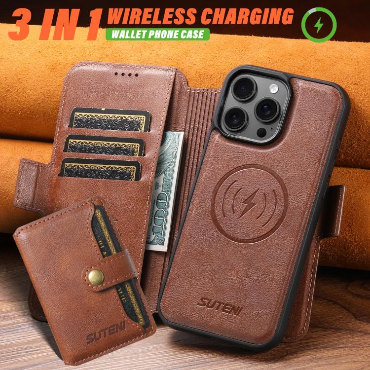 For iPhone 16 Plus Suteni Q06S1 3-in-1 Splicing Detachable Wallet MagSafe Leather Phone Case(Brown) by Suteni