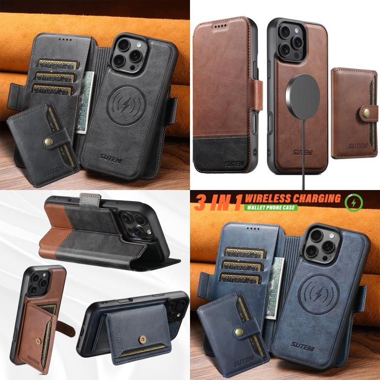 For iPhone 16 Plus Suteni Q06S1 3-in-1 Splicing Detachable Wallet MagSafe Leather Phone Case(Brown) by Suteni