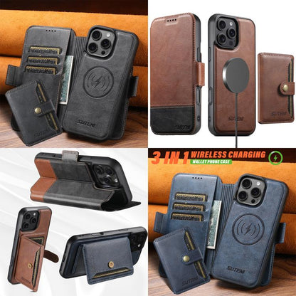 For iPhone 16 Pro Suteni Q06S1 3-in-1 Splicing Detachable Wallet MagSafe Leather Phone Case(Black) by Suteni
