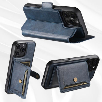 For iPhone 16 Pro Suteni Q07S1 3-in-1 Detachable Wallet MagSafe Splicing Leather Phone Case(Blue) by Suteni