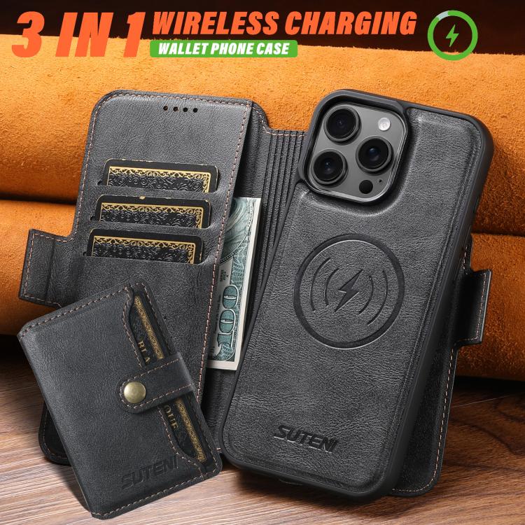 For iPhone 16 Plus Suteni Q07S1 3-in-1 Detachable Wallet MagSafe Splicing Leather Phone Case(Black) by Suteni