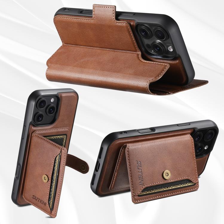 For iPhone 16 Suteni Q07S1 3-in-1 Detachable Wallet MagSafe Splicing Leather Phone Case(Brown) by Suteni
