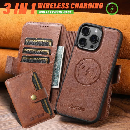 For iPhone 16 Suteni Q07S1 3-in-1 Detachable Wallet MagSafe Splicing Leather Phone Case(Brown) by Suteni