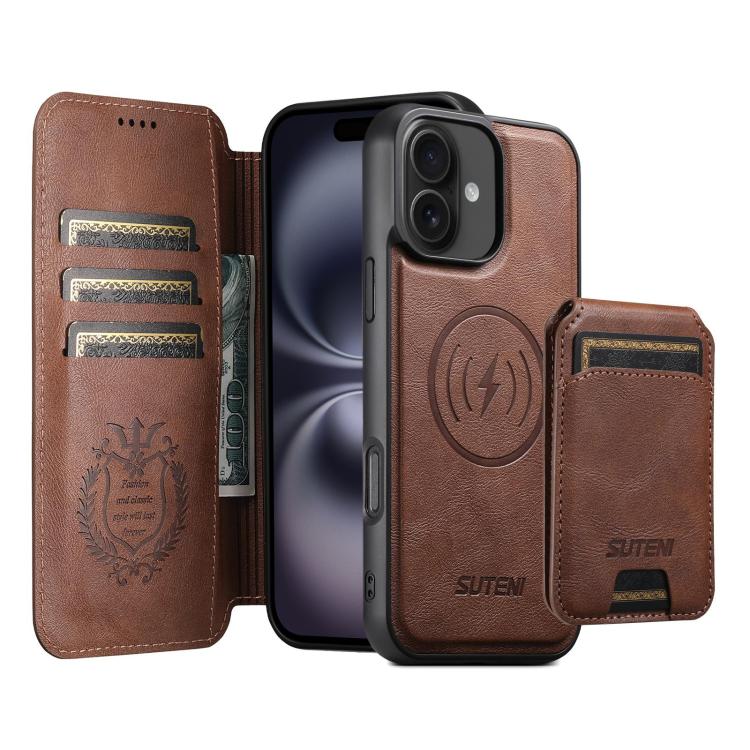 For iPhone 16 Plus Suteni Q05S2 3-in-1 Detachable Vertical Flip Wallet MagSafe Leather Phone Case(Brown) by Suteni