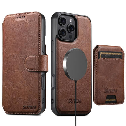 For iPhone 16 Plus Suteni Q05S2 3-in-1 Detachable Vertical Flip Wallet MagSafe Leather Phone Case(Brown) by Suteni