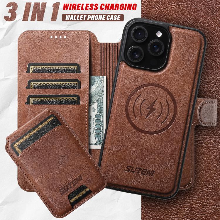 For iPhone 16 Plus Suteni Q05S2 3-in-1 Detachable Vertical Flip Wallet MagSafe Leather Phone Case(Brown) by Suteni