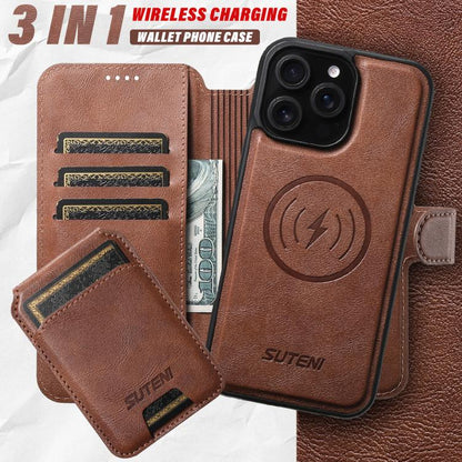 For iPhone 16 Plus Suteni Q05S2 3-in-1 Detachable Vertical Flip Wallet MagSafe Leather Phone Case(Brown) by Suteni