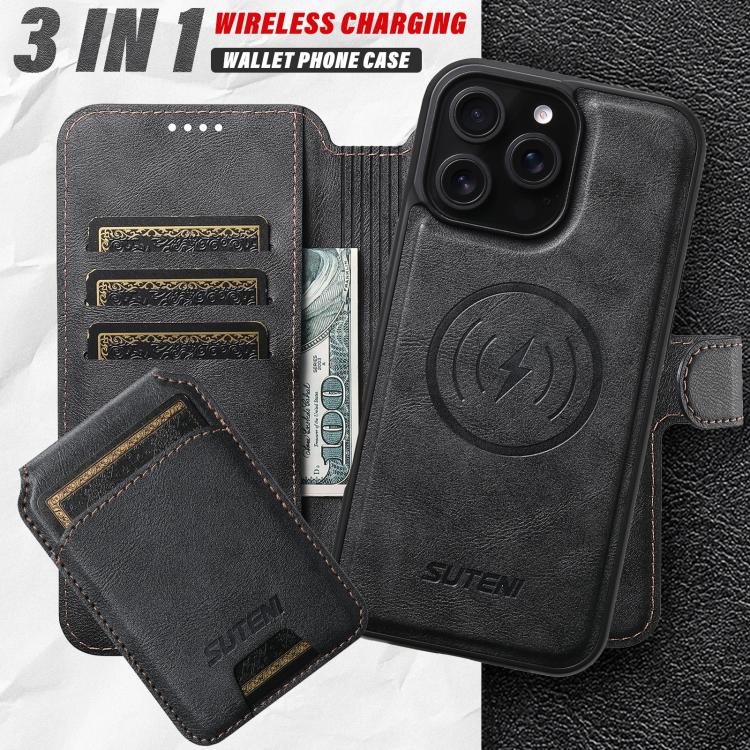 For iPhone 16 Suteni Q05S2 3-in-1 Detachable Vertical Flip Wallet MagSafe Leather Phone Case(Black) by Suteni
