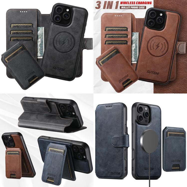 For iPhone 16 Pro Max Suteni Q05S2 3-in-1 Detachable Vertical Flip Wallet MagSafe Leather Phone Case(Black) by Suteni