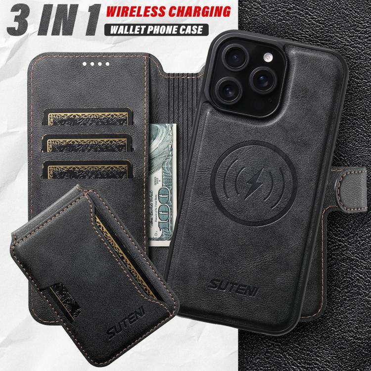 For iPhone 16 Pro Suteni Q05S3 3-in-1 Detachable Vertical Flip Wallet MagSafe Leather Phone Case(Black) by Suteni