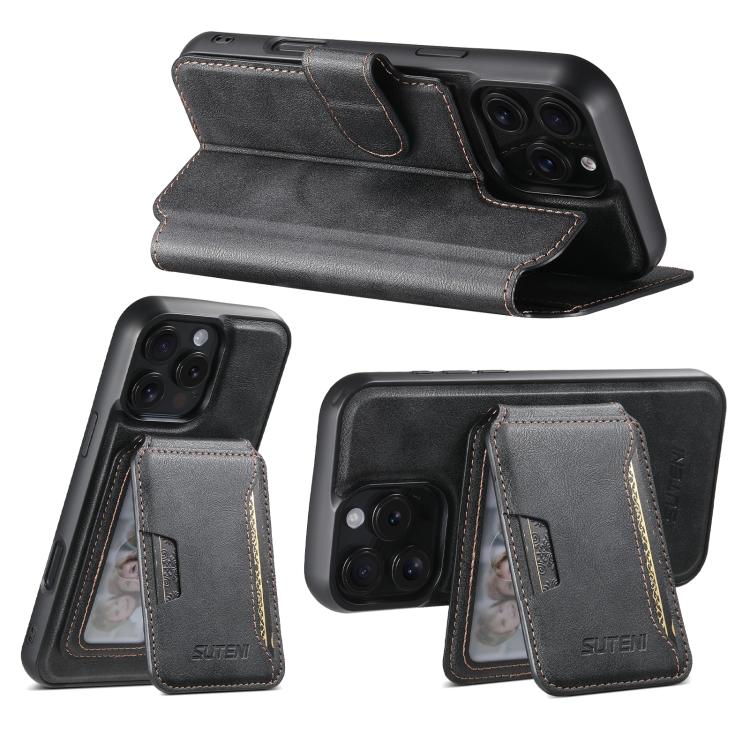 For iPhone 16 Suteni Q05S3 3-in-1 Detachable Vertical Flip Wallet MagSafe Leather Phone Case(Black) by Suteni