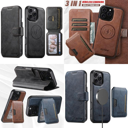 For iPhone 16 Pro Suteni Q05S3 3-in-1 Detachable Vertical Flip Wallet MagSafe Leather Phone Case(Black) by Suteni