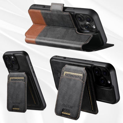 For iPhone 16 Pro Suteni Q06S2 3-in-1 Detachable Vertical Flip Wallet MagSafe Splicing Leather Phone Case(Black) by Suteni