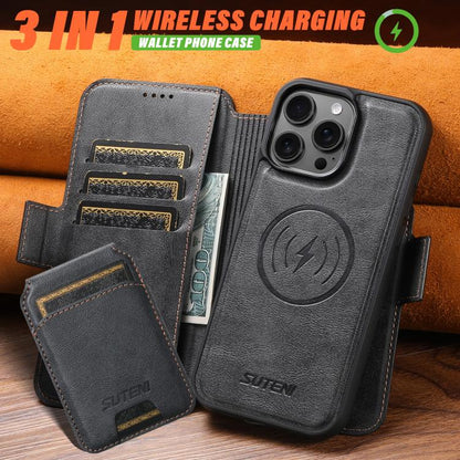 For iPhone 16 Pro Suteni Q06S2 3-in-1 Detachable Vertical Flip Wallet MagSafe Splicing Leather Phone Case(Black) by Suteni