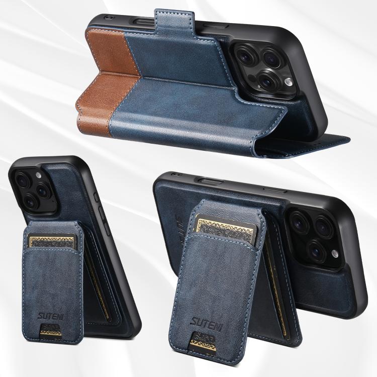 For iPhone 16 Plus Suteni Q06S2 3-in-1 Detachable Vertical Flip Wallet MagSafe Splicing Leather Phone Case(Blue) by Suteni