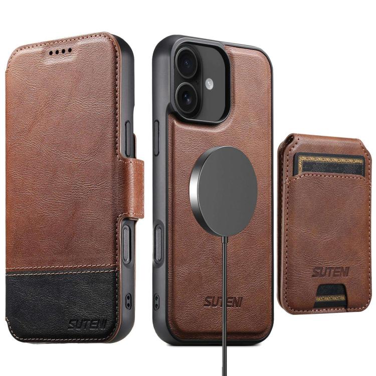 For iPhone 16 Suteni Q06S2 3-in-1 Detachable Vertical Flip Wallet MagSafe Splicing Leather Phone Case(Brown) by Suteni