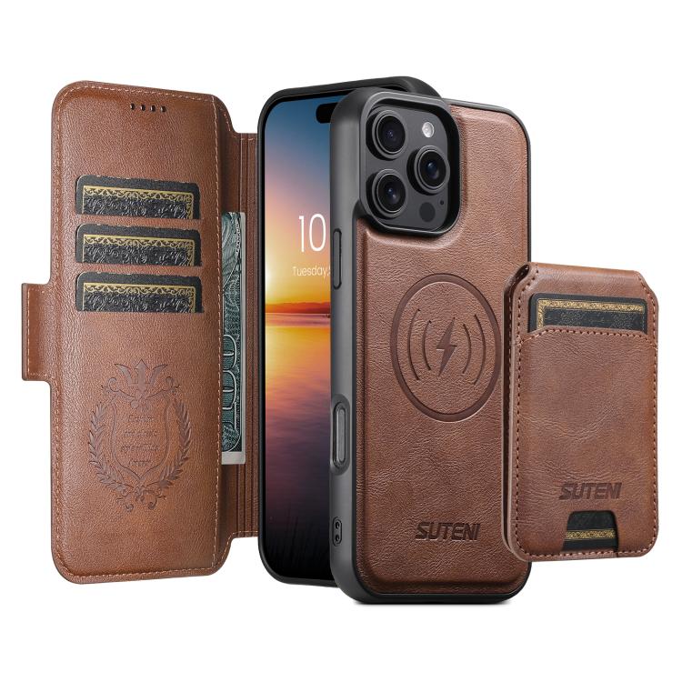 For iPhone 16 Suteni Q06S2 3-in-1 Detachable Vertical Flip Wallet MagSafe Splicing Leather Phone Case(Brown) by Suteni