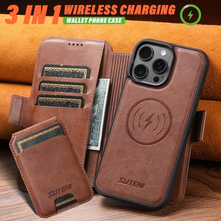 For iPhone 16 Suteni Q06S2 3-in-1 Detachable Vertical Flip Wallet MagSafe Splicing Leather Phone Case(Brown) by Suteni