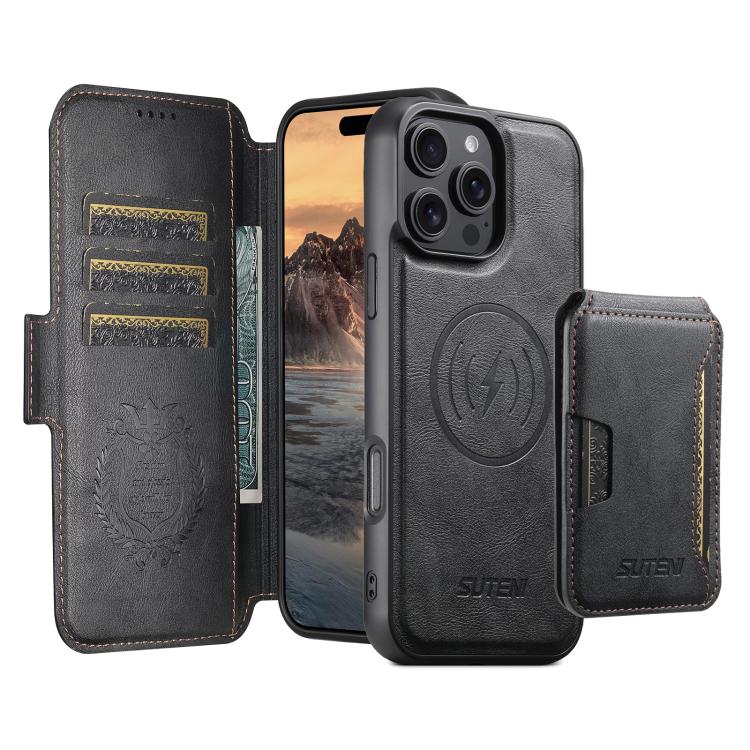For iPhone 16 Pro Max Suteni Q06S3 3-in-1 Splicing Detachable Vertical Flip Wallet MagSafe Leather Phone Case(Black) by Suteni