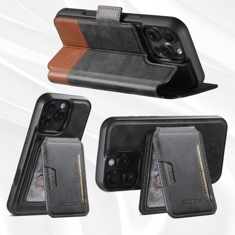 For iPhone 16 Pro Max Suteni Q06S3 3-in-1 Splicing Detachable Vertical Flip Wallet MagSafe Leather Phone Case(Black) by Suteni