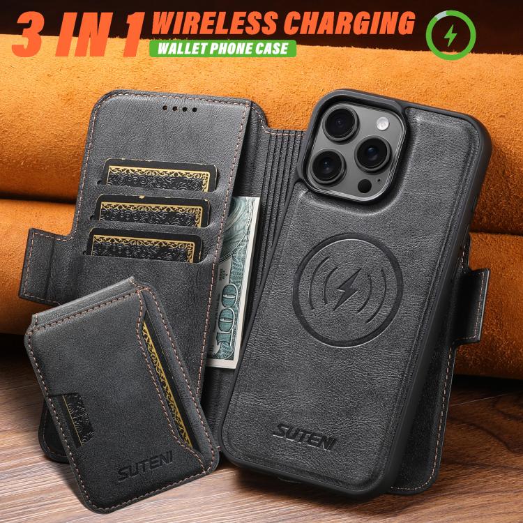 For iPhone 16 Pro Max Suteni Q06S3 3-in-1 Splicing Detachable Vertical Flip Wallet MagSafe Leather Phone Case(Black) by Suteni