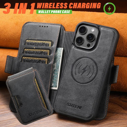 For iPhone 16 Pro Max Suteni Q06S3 3-in-1 Splicing Detachable Vertical Flip Wallet MagSafe Leather Phone Case(Black) by Suteni