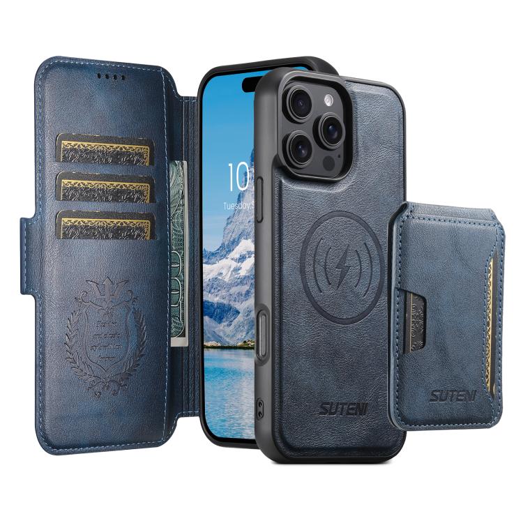 For iPhone 16 Pro Suteni Q06S3 3-in-1 Splicing Detachable Vertical Flip Wallet MagSafe Leather Phone Case(Blue) by Suteni