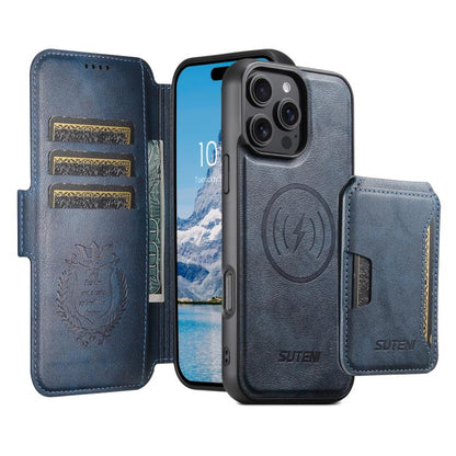 For iPhone 16 Pro Suteni Q06S3 3-in-1 Splicing Detachable Vertical Flip Wallet MagSafe Leather Phone Case(Blue) by Suteni