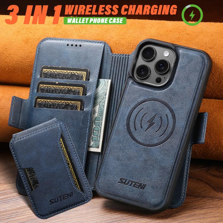 For iPhone 16 Pro Suteni Q06S3 3-in-1 Splicing Detachable Vertical Flip Wallet MagSafe Leather Phone Case(Blue) by Suteni
