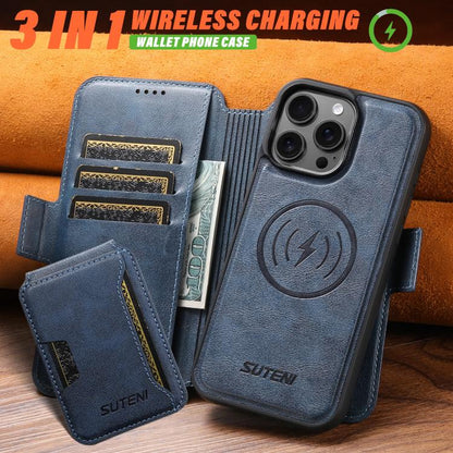 For iPhone 16 Pro Suteni Q06S3 3-in-1 Splicing Detachable Vertical Flip Wallet MagSafe Leather Phone Case(Blue) by Suteni
