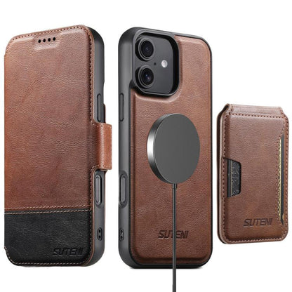 For iPhone 16 Suteni Q06S3 3-in-1 Splicing Detachable Vertical Flip Wallet MagSafe Leather Phone Case(Brown) by Suteni