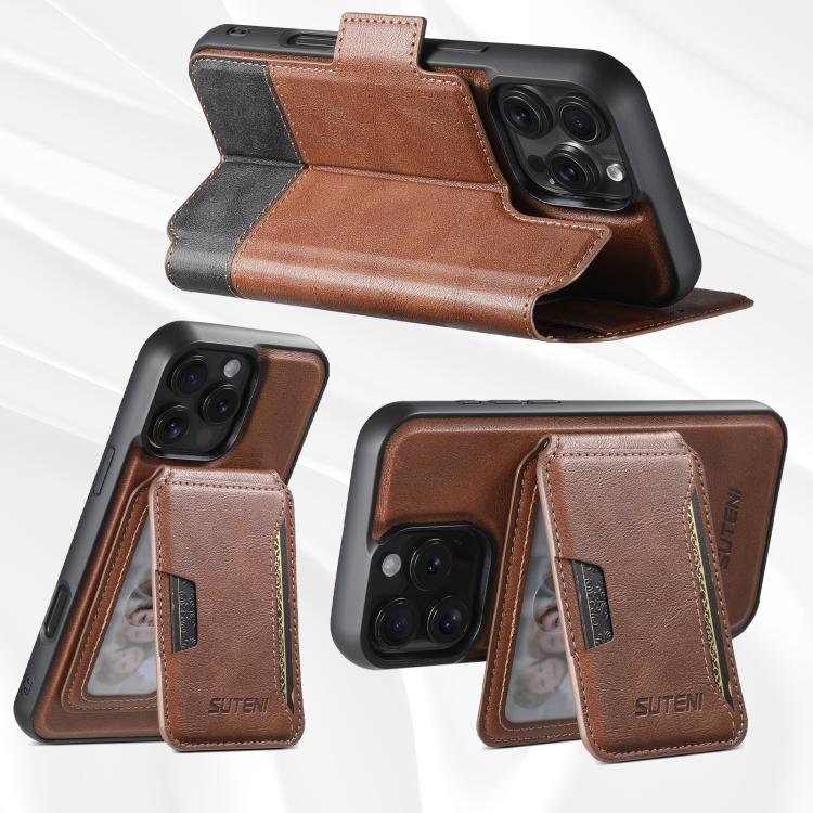 For iPhone 16 Suteni Q06S3 3-in-1 Splicing Detachable Vertical Flip Wallet MagSafe Leather Phone Case(Brown) by Suteni