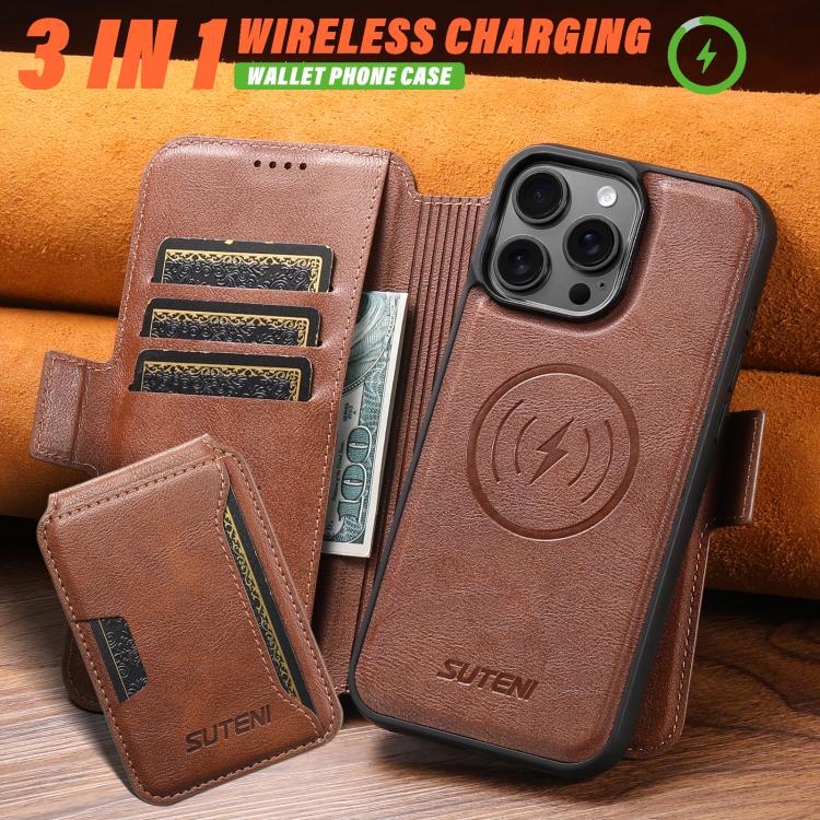 For iPhone 16 Suteni Q06S3 3-in-1 Splicing Detachable Vertical Flip Wallet MagSafe Leather Phone Case(Brown) by Suteni