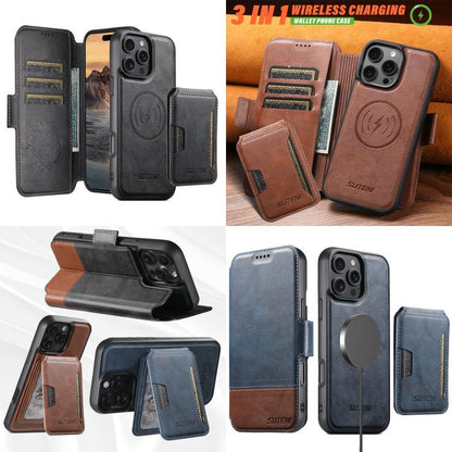 For iPhone 16 Suteni Q06S3 3-in-1 Splicing Detachable Vertical Flip Wallet MagSafe Leather Phone Case(Brown) by Suteni