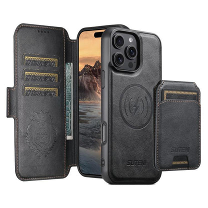 For iPhone 16 Pro Suteni Q07S2 3-in-1 Detachable Vertical Flip Wallet MagSafe Splicing Leather Phone Case(Black) by Suteni