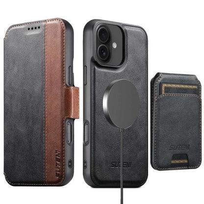 For iPhone 16 Plus Suteni Q07S2 3-in-1 Detachable Vertical Flip Wallet MagSafe Splicing Leather Phone Case(Black) by Suteni