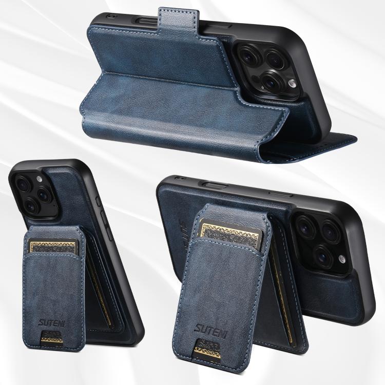 For iPhone 16 Suteni Q07S2 3-in-1 Detachable Vertical Flip Wallet MagSafe Splicing Leather Phone Case(Blue) by Suteni