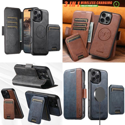 For iPhone 16 Pro Suteni Q07S2 3-in-1 Detachable Vertical Flip Wallet MagSafe Splicing Leather Phone Case(Black) by Suteni