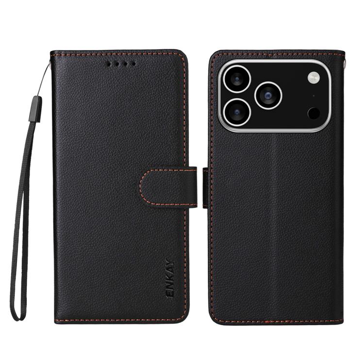 For iPhone 17 Pro Max ENKAY RFID Blocking Wallet Kickstand Litchi Texture Leather Phone Case(Black) by ENKAY