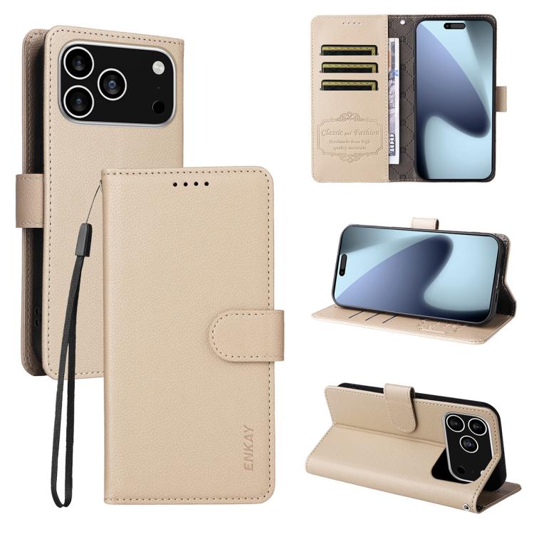 For iPhone 17 Pro Max ENKAY RFID Blocking Wallet Kickstand Litchi Texture Leather Phone Case(Beige) by ENKAY