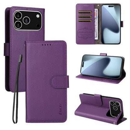 For iPhone 17 Pro Max ENKAY RFID Blocking Wallet Kickstand Litchi Texture Leather Phone Case(Purple) by ENKAY
