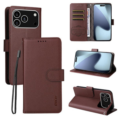 For iPhone 17 Pro Max ENKAY RFID Blocking Wallet Kickstand Litchi Texture Leather Phone Case(Brown) by ENKAY